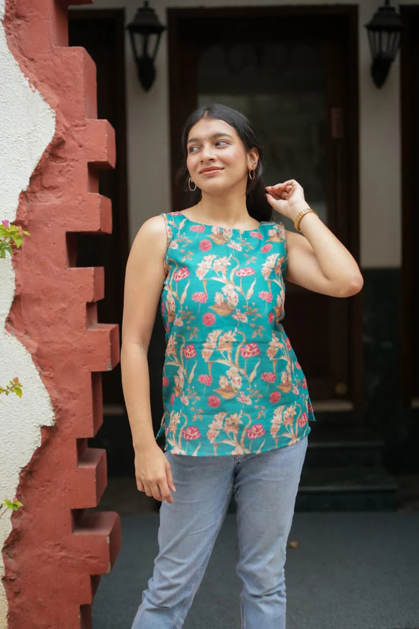 Sherin Series Elegant Printed Linen Top