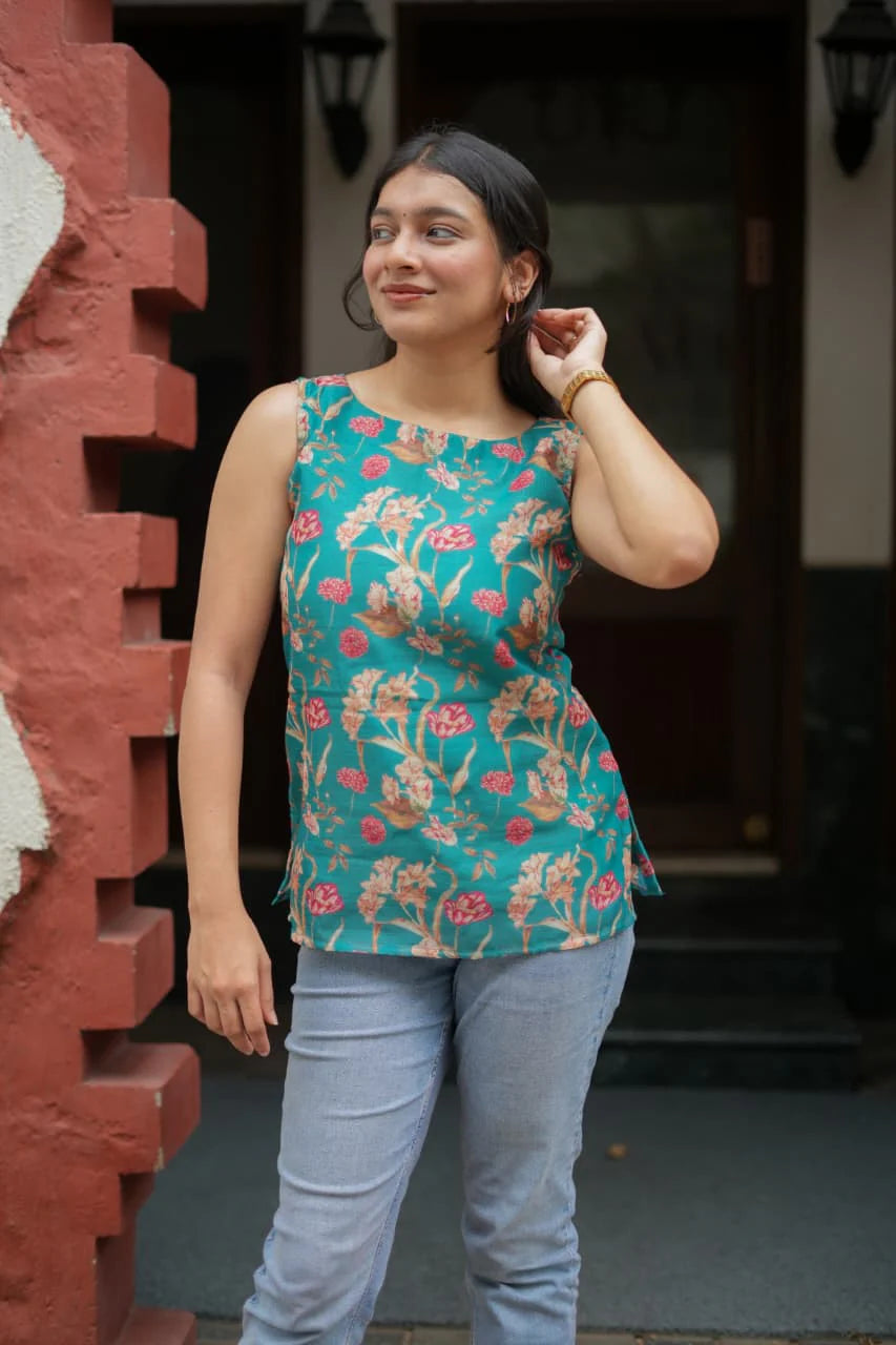 Sherin Series Elegant Printed Linen Top