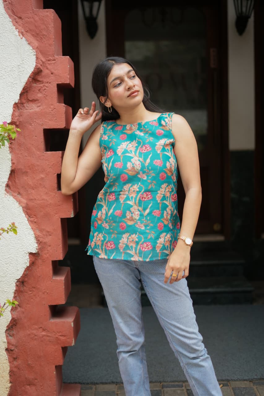 Sherin Series Elegant Printed Linen Top