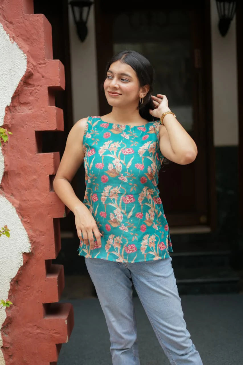 Sherin Series Elegant Printed Linen Top